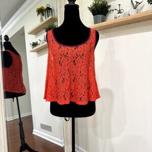 Burnt Orange Sheer Lace Tank Top with Purple Piping Women's Size Medium